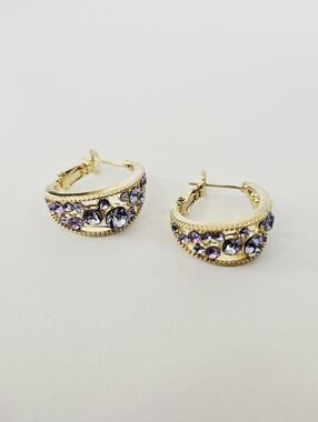 Sterling Silver Gold Coated Purple Rhinestone Huggie Hoop Hinge Clasps Earrings